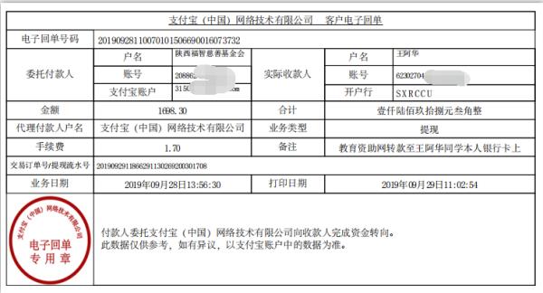 教育资助网转款给王阿华同学的电子回单