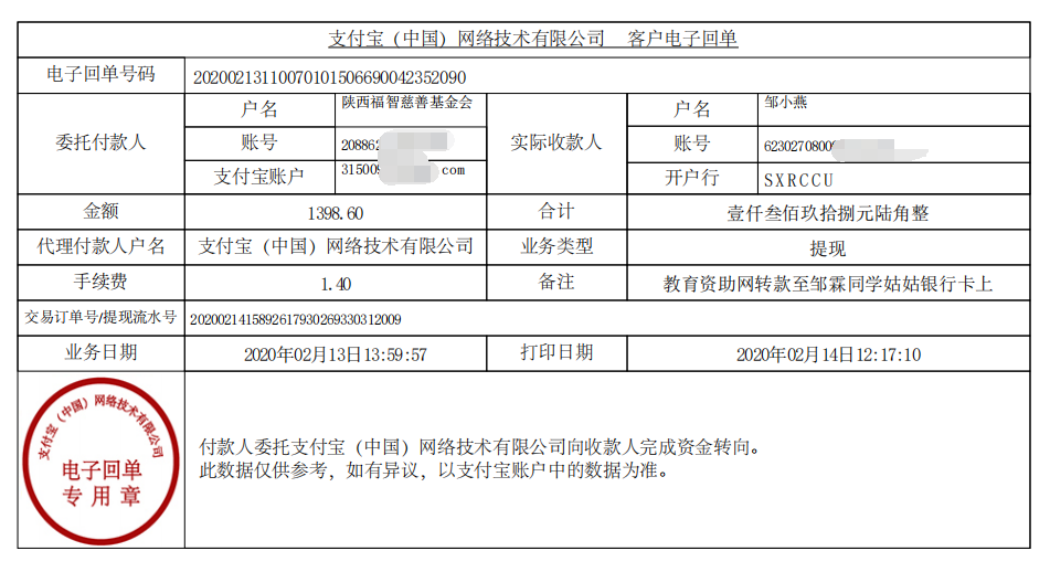 教育资助网给邹霖同学转款的电子回单