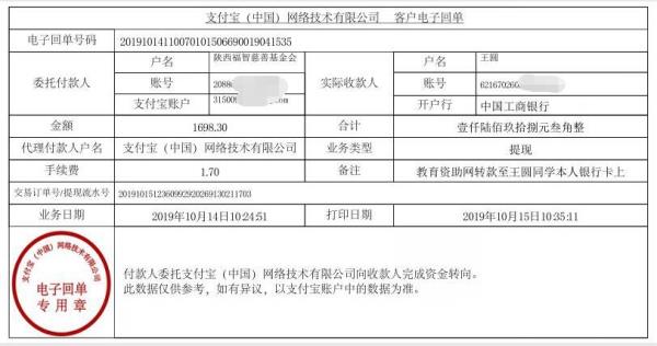 教育资助网转款给王圆同学的电子回单