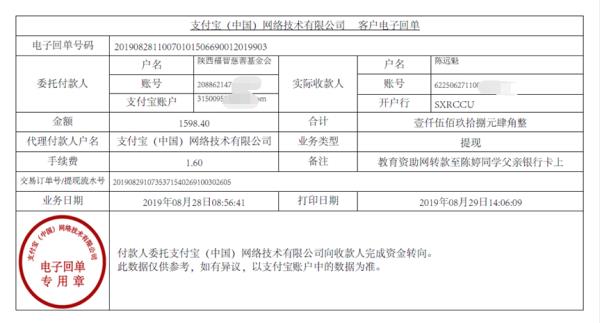 教育资助网转款给陈婷同学的电子回单