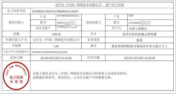 教育资助网转款给郭涛同学的电子回单