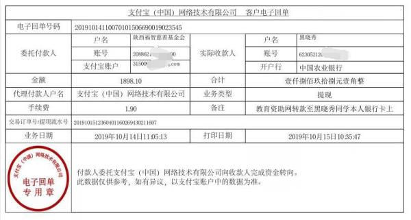 教育资助网转款给黑晓秀同学的电子回单