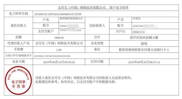 教育资助网转款给田晨同学的电子回单