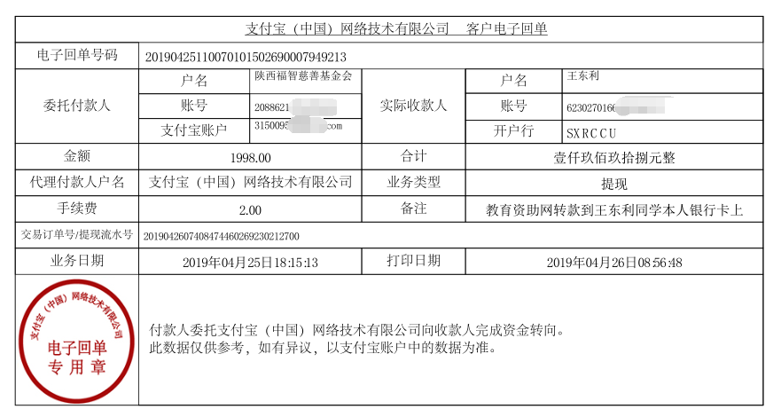 教育资助网给王东利同学转款的电子回单