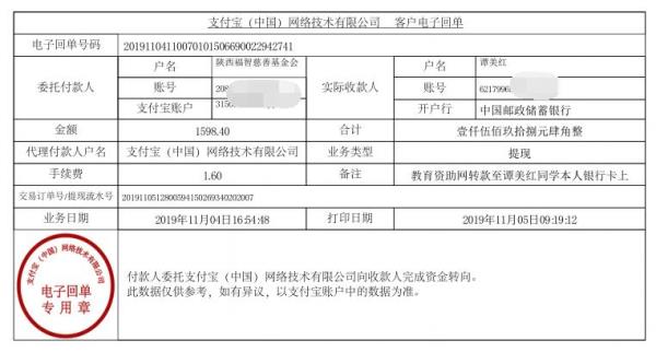 教育资助网转款给谭美红同学的电子回单