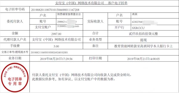 教育资助网转款给高琪同学的电子回单