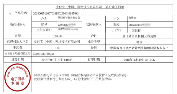 中国教育资助网给朱婉怡同学转款的电子回单