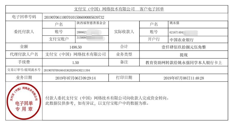 教育资助网给姚永强同学转款的电子回单