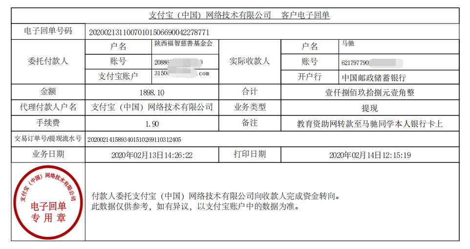 教育资助网给马驰同学转款的电子回单