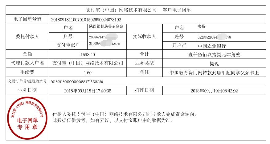 教育资助网给唐甲超同学转款的电子回单
