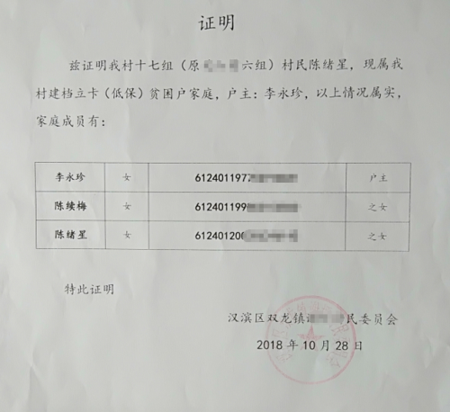 陈绪星贫困证明
