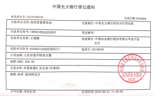 教育资助网给王丽娜同学转款的电子回单