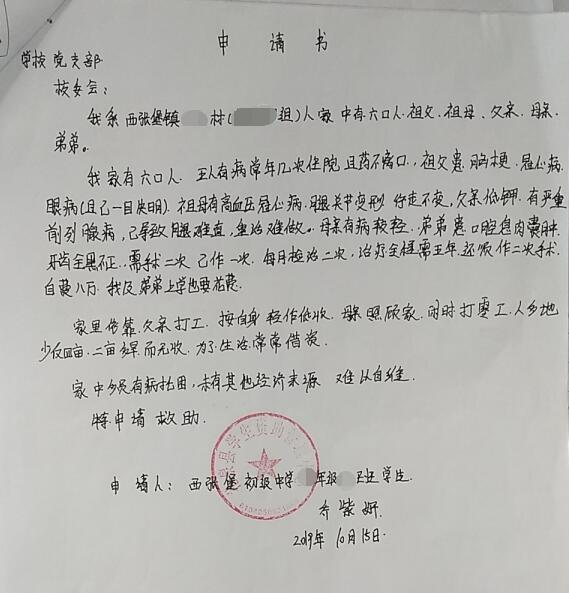 乔紫妍贫困申请书