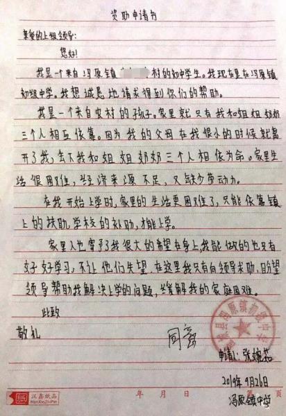 张婉茹贫困申请书