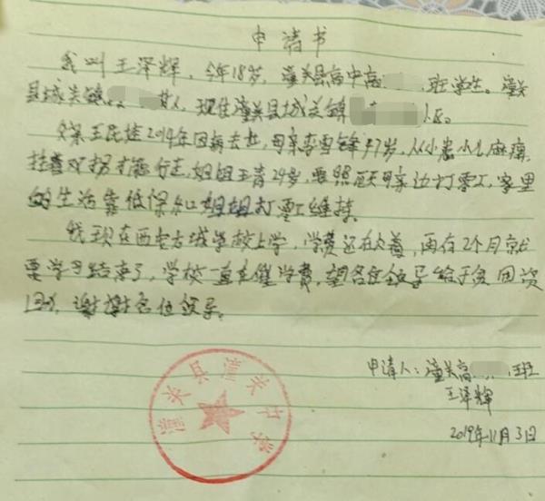 王泽辉贫困申请书
