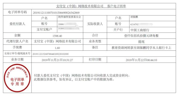 教育资助网转款给胡振鹏同学的电子回单