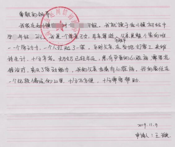 王璇贫困申请书