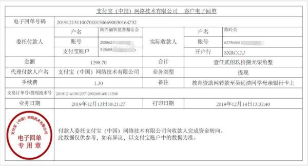 教育资助网转款给吴远浩同学的电子回单