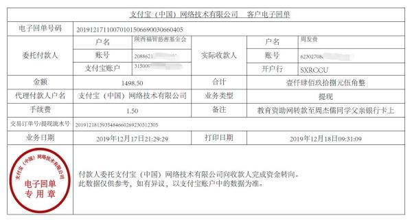 教育资助网转款给周杰儒同学的电子回单