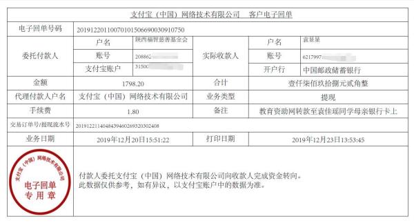 教育资助网转款给袁佳瑶同学的电子回单
