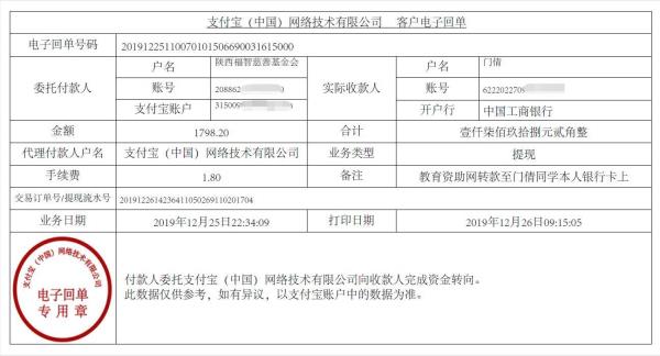 教育资助网转款给门倩同学的电子回单