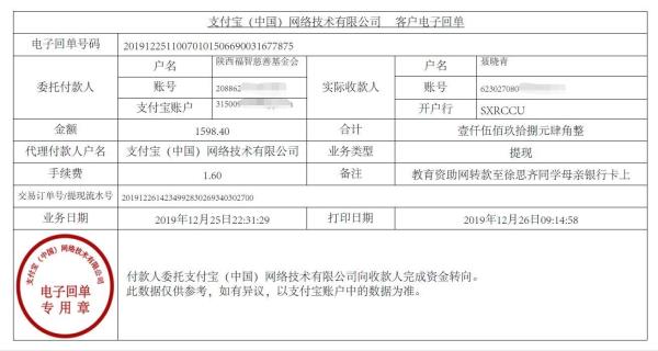 教育资助网转款给徐思齐同学的电子回单