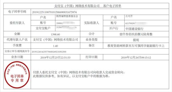 教育资助网转款给左可强同学的电子回单