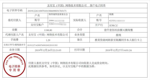 教育资助网转款给陈腾同学的电子回单