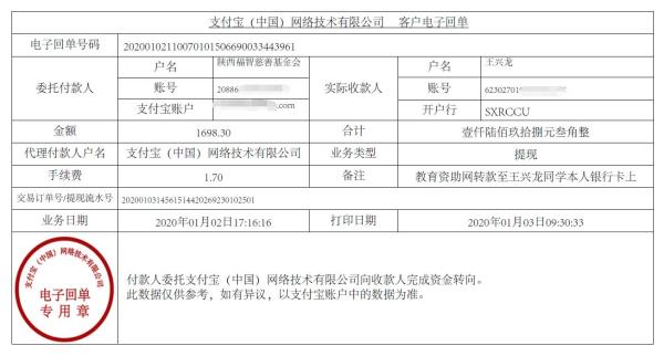教育资助网转款给王兴龙同学的电子回单