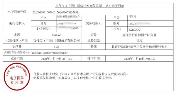 教育资助网转款给王玺同学的电子回单