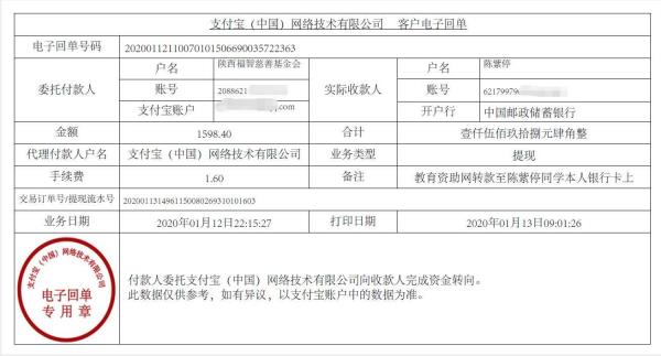 教育资助网转款给陈紫停同学的电子回单