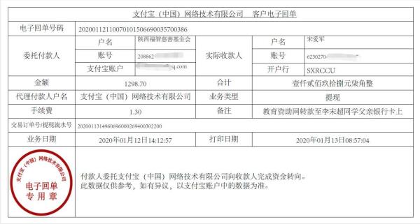 教育资助网转款给李宋超同学的电子回单