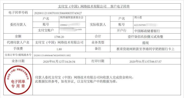 教育资助网转款给李涛同学的电子回单