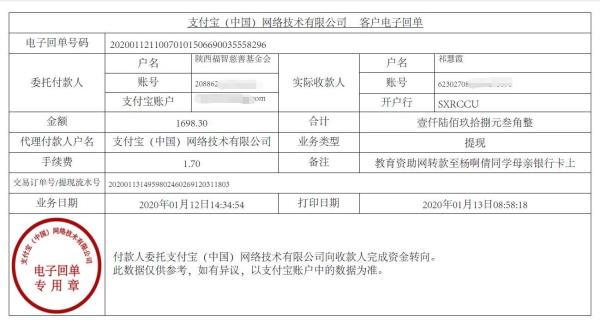 教育资助网转款给杨啊倩同学的电子回单