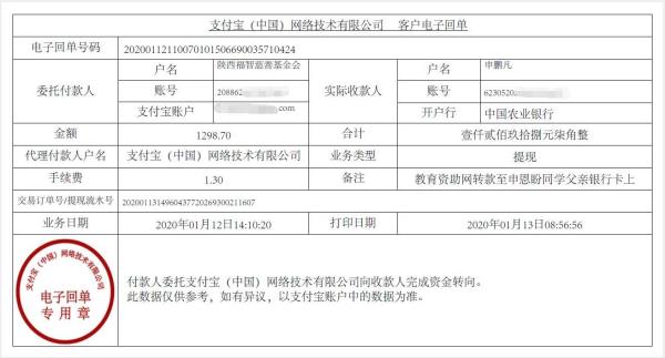 教育资助网转款申恩盼同学的电子回单