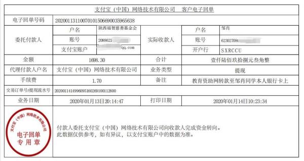 教育资助网转款给邹肖同学的电子回单