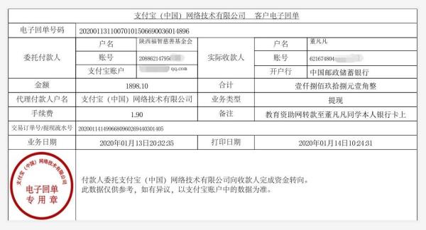 教育资助网转款给董凡凡同学的电子回单