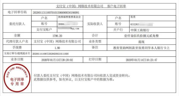 教育资助网转款给张勇同学的电子回单