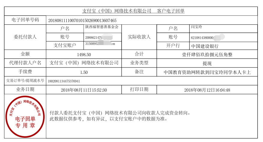中国教育资助网转款给闫宝玲同学的电子回单