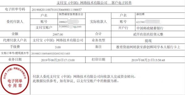 教育资助网转款给薛创辉同学的电子回单