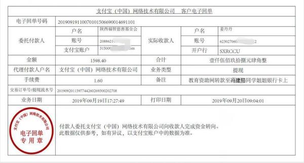 教育资助网转款给冯建茹同学的电子回单