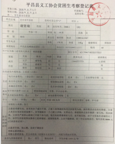 平昌县义工协会登记谢贤瑞同学家庭情况信息