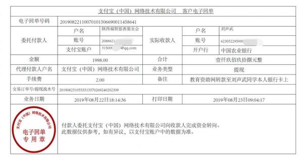 教育资助网转款给刘声武同学的电子回单