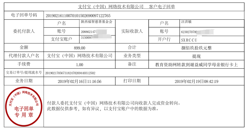 教育资助网给谢益威同学转款的电子回单