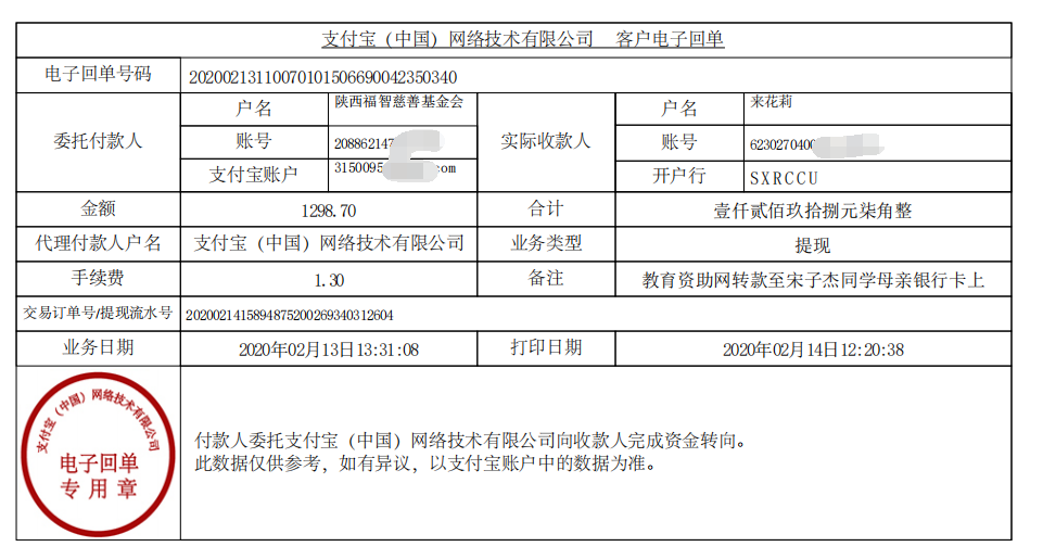 教育资助网给宋子杰同学转款的电子回单