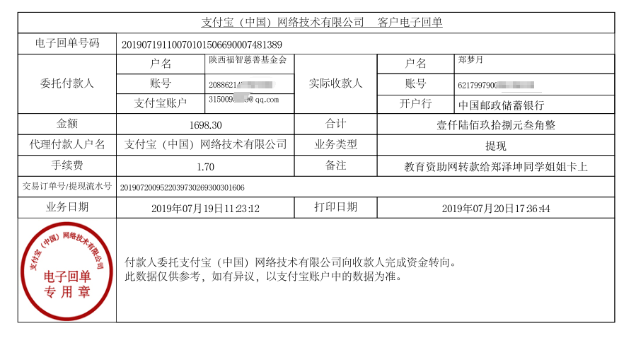 教育资助网给郑泽坤同学转款的电子回单