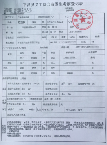 平昌县义工协会登记苟亚东同学家庭情况信息