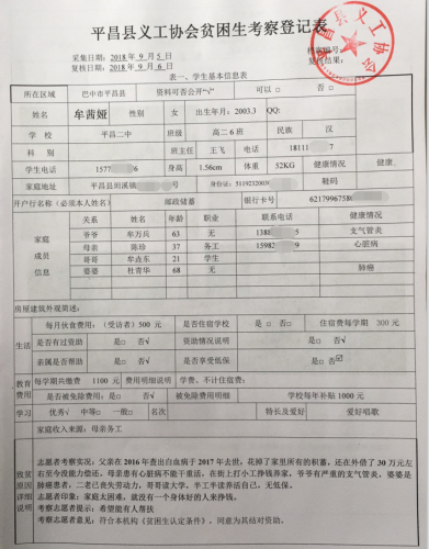 平昌县义工协会登记牟茜娅同学家庭情况信息