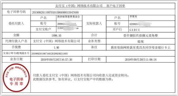 教育资助网转款给莫昌杰同学的电子回单