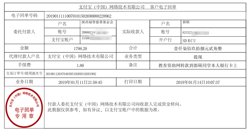 教育资助网给郭硕同学转款的电子回单